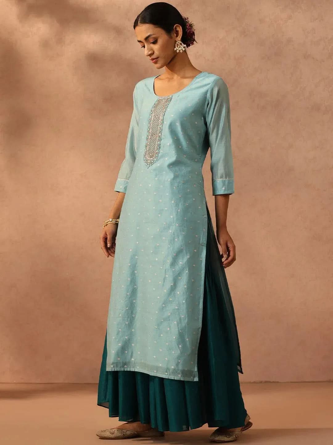 Blue Embroidered Chanderi Silk Straight Kurta - Libas 