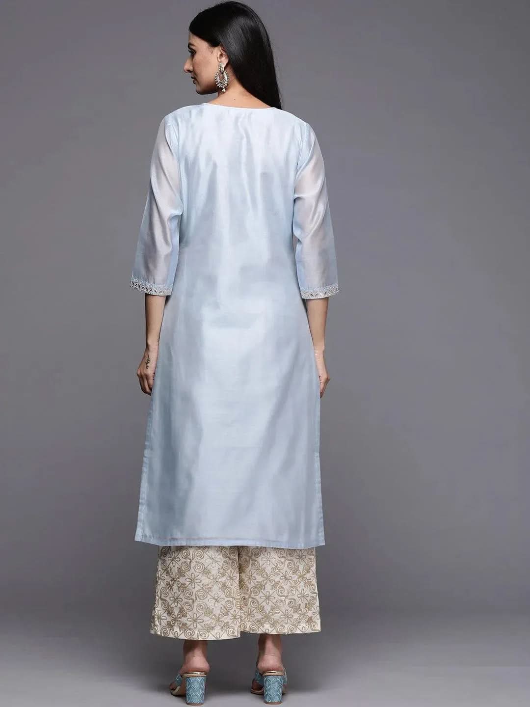 

Blue Embroidered Chanderi Silk Straight Kurta