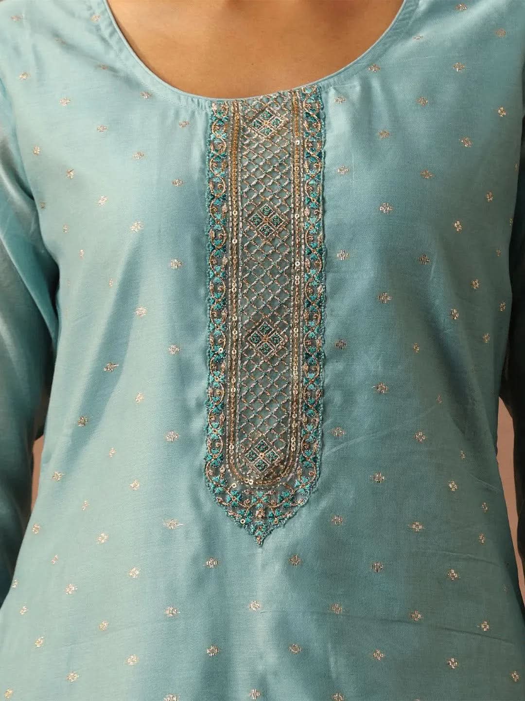 Blue Embroidered Chanderi Silk Straight Kurta - Libas 