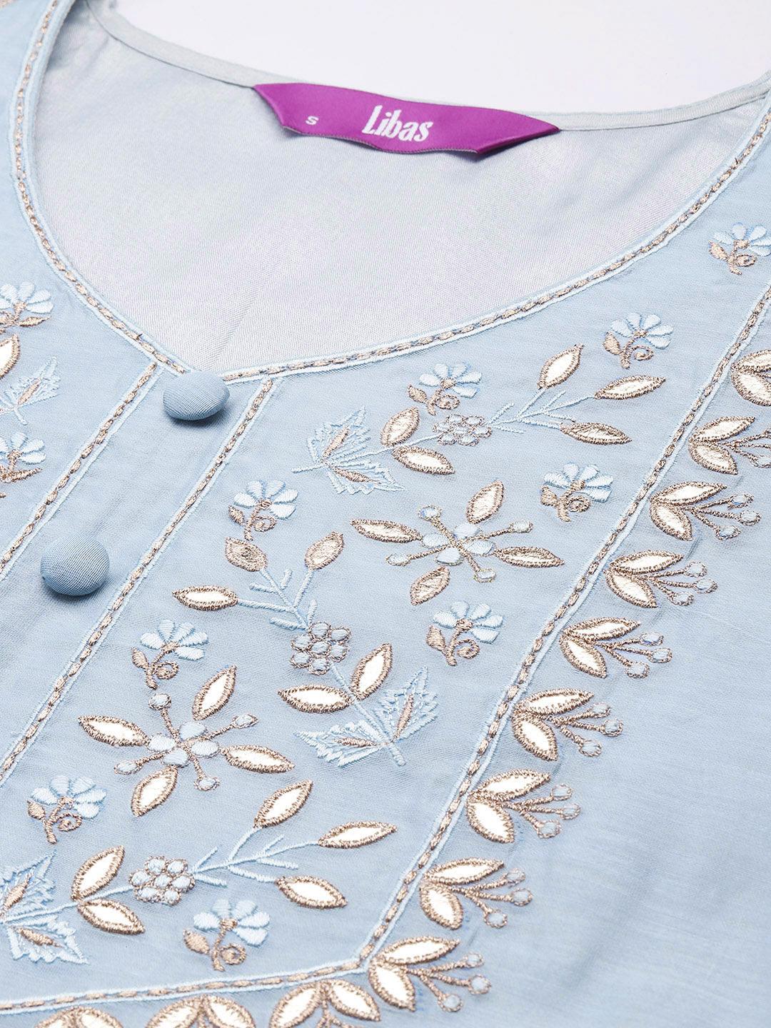 Blue Embroidered Chanderi Silk Straight Kurta - Libas