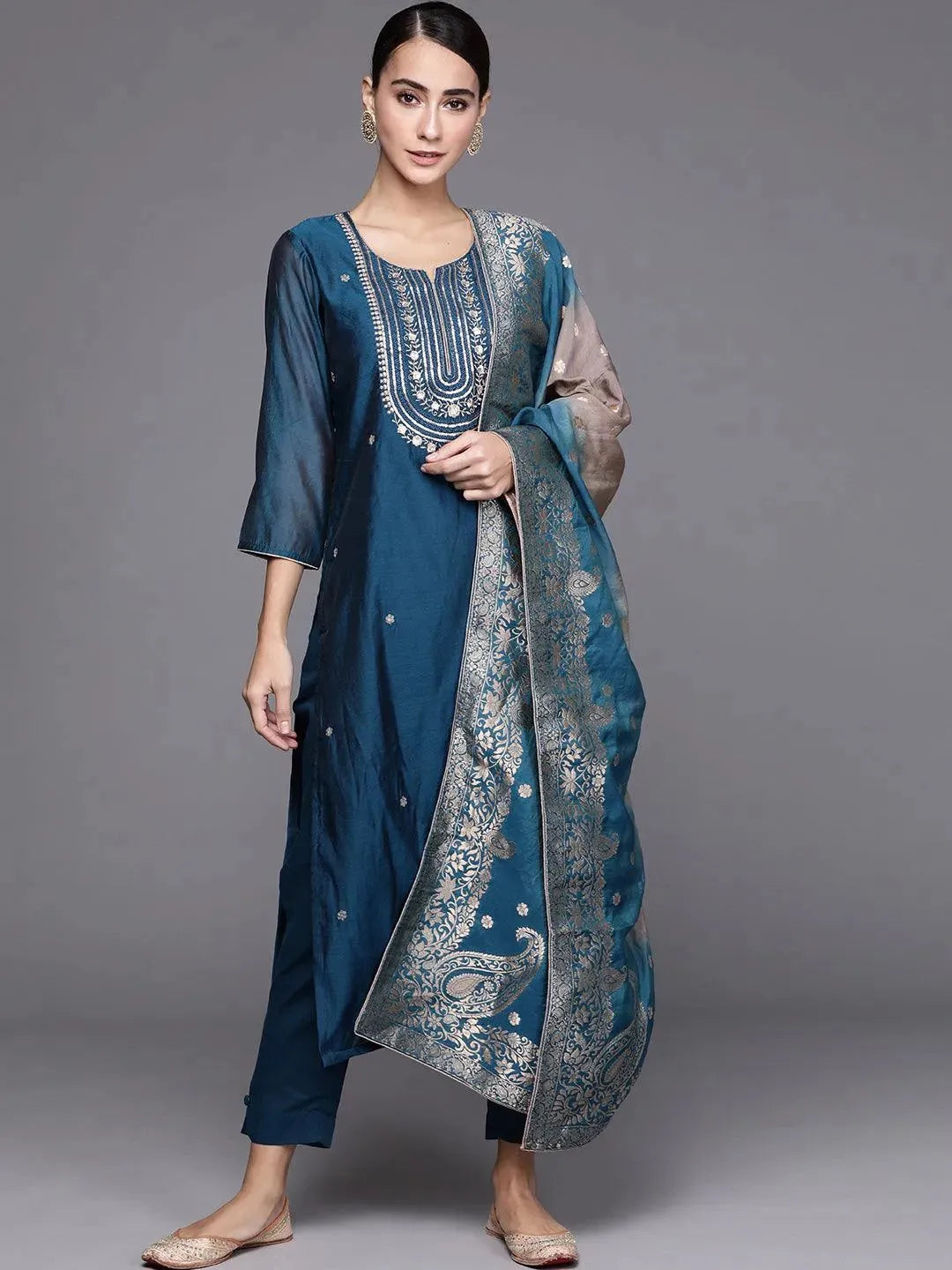 Blue Embroidered Chanderi Silk Suit Set - Libas