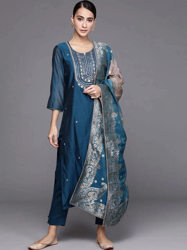 Blue Embroidered Chanderi Silk Suit Set - Libas