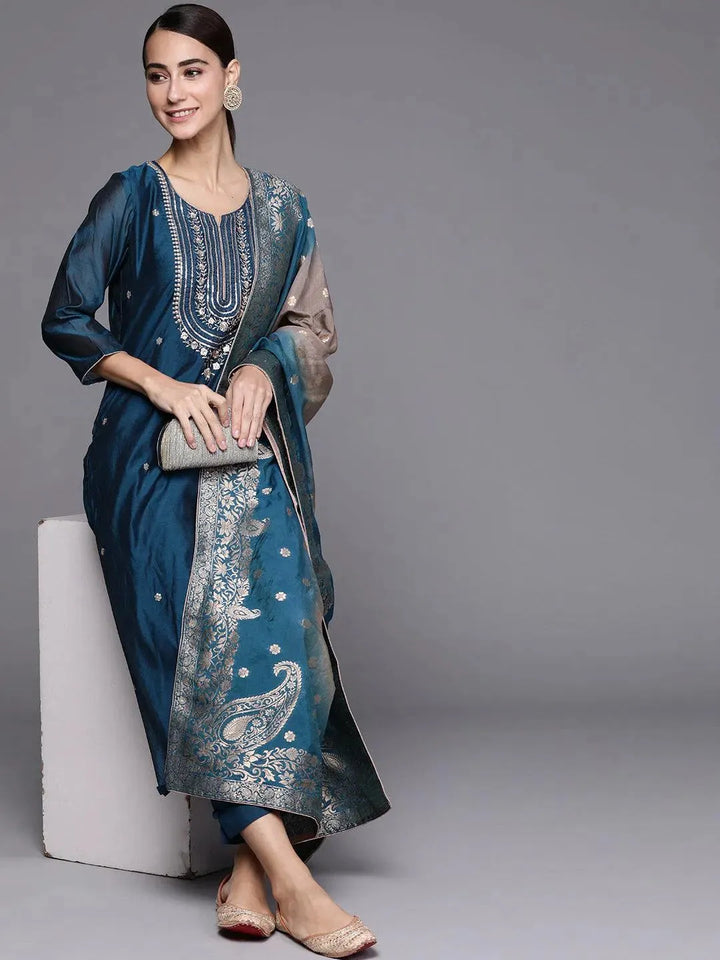 Blue Embroidered Chanderi Silk Suit Set - Libas