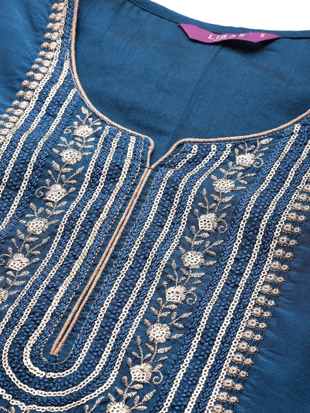 Blue Embroidered Chanderi Silk Straight Kurta With Dupatta