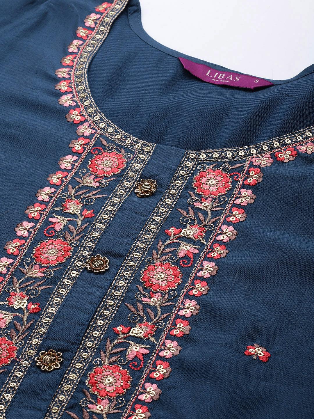Blue Embroidered Chanderi Silk Straight Kurta With Palazzos & Dupatta