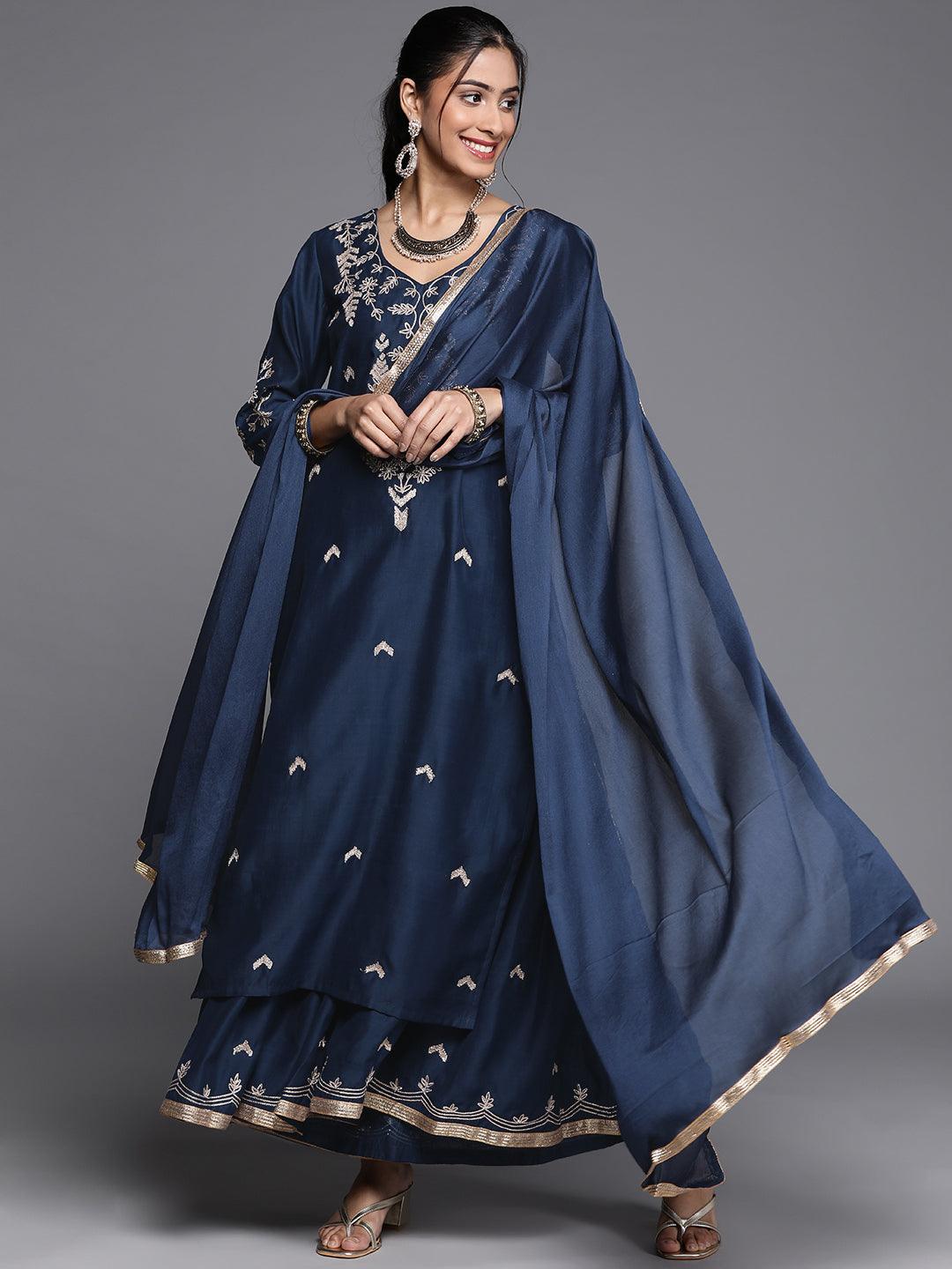 Blue Embroidered Chanderi Silk Straight Kurta With Sharara & Dupatta