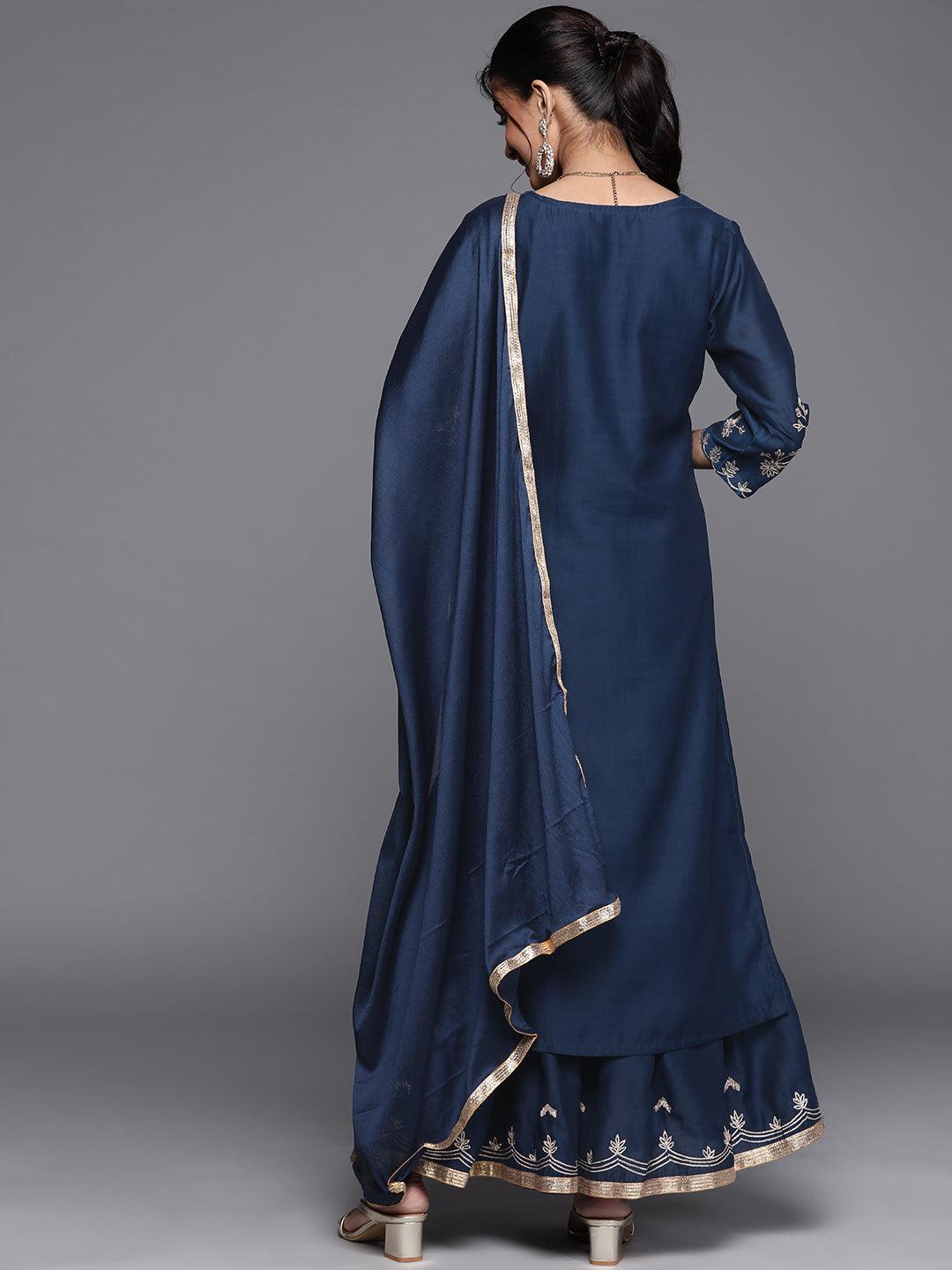 Blue Embroidered Chanderi Silk Straight Kurta With Sharara & Dupatta