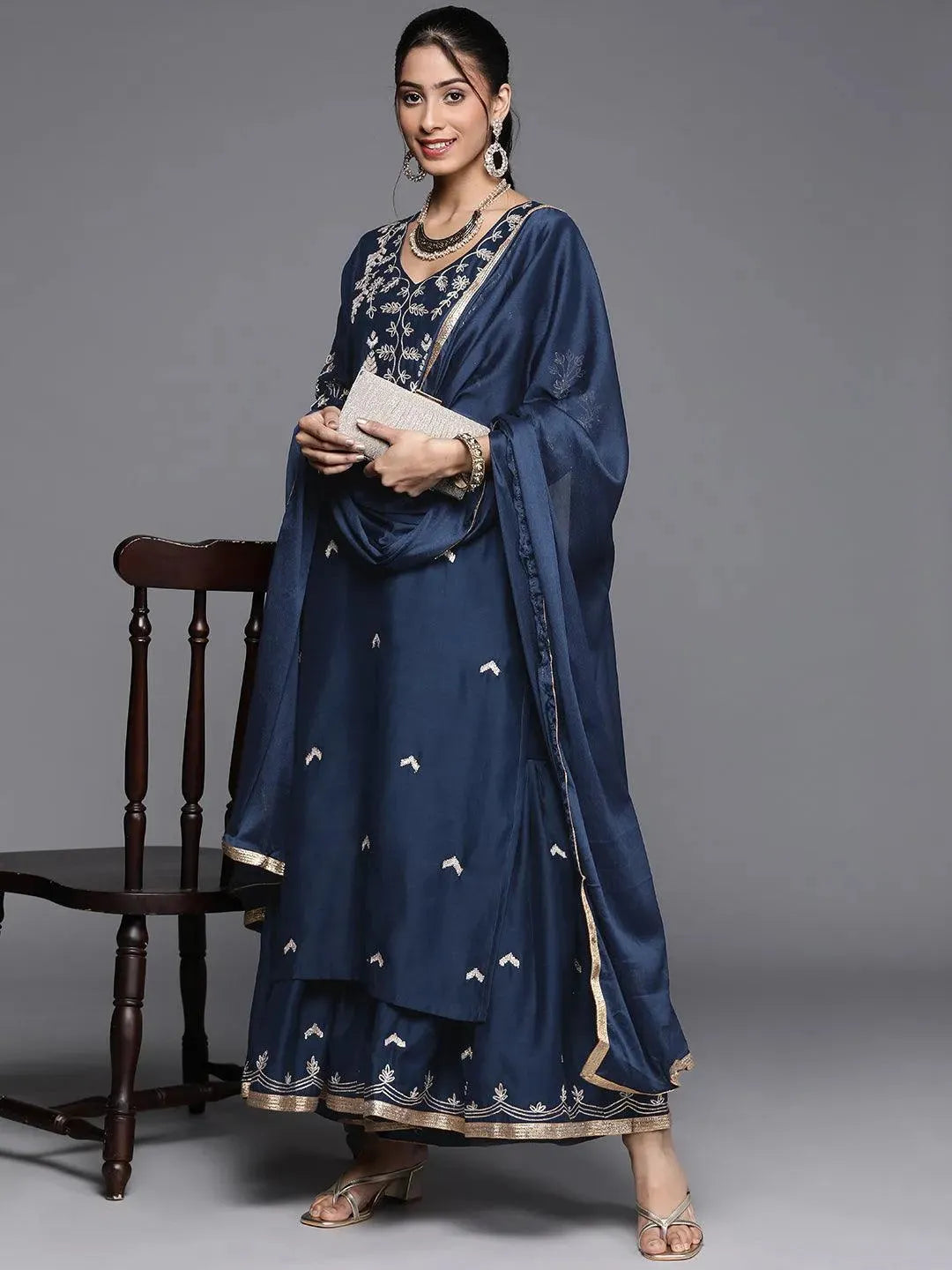 Blue Embroidered Chanderi Silk Suit Set - Libas