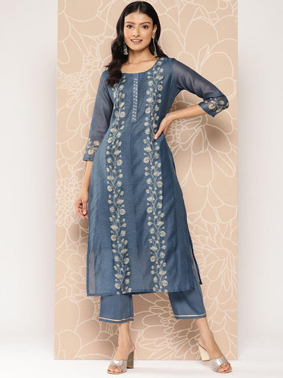 Blue Embroidered Chanderi Silk Straight Kurta With Trousers - Libas