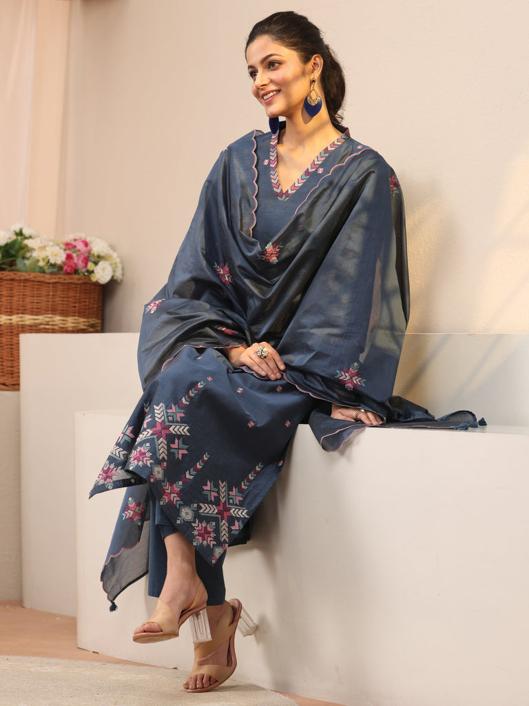 Libas Blue Embroidered Chanderi Silk Straight Suit Set