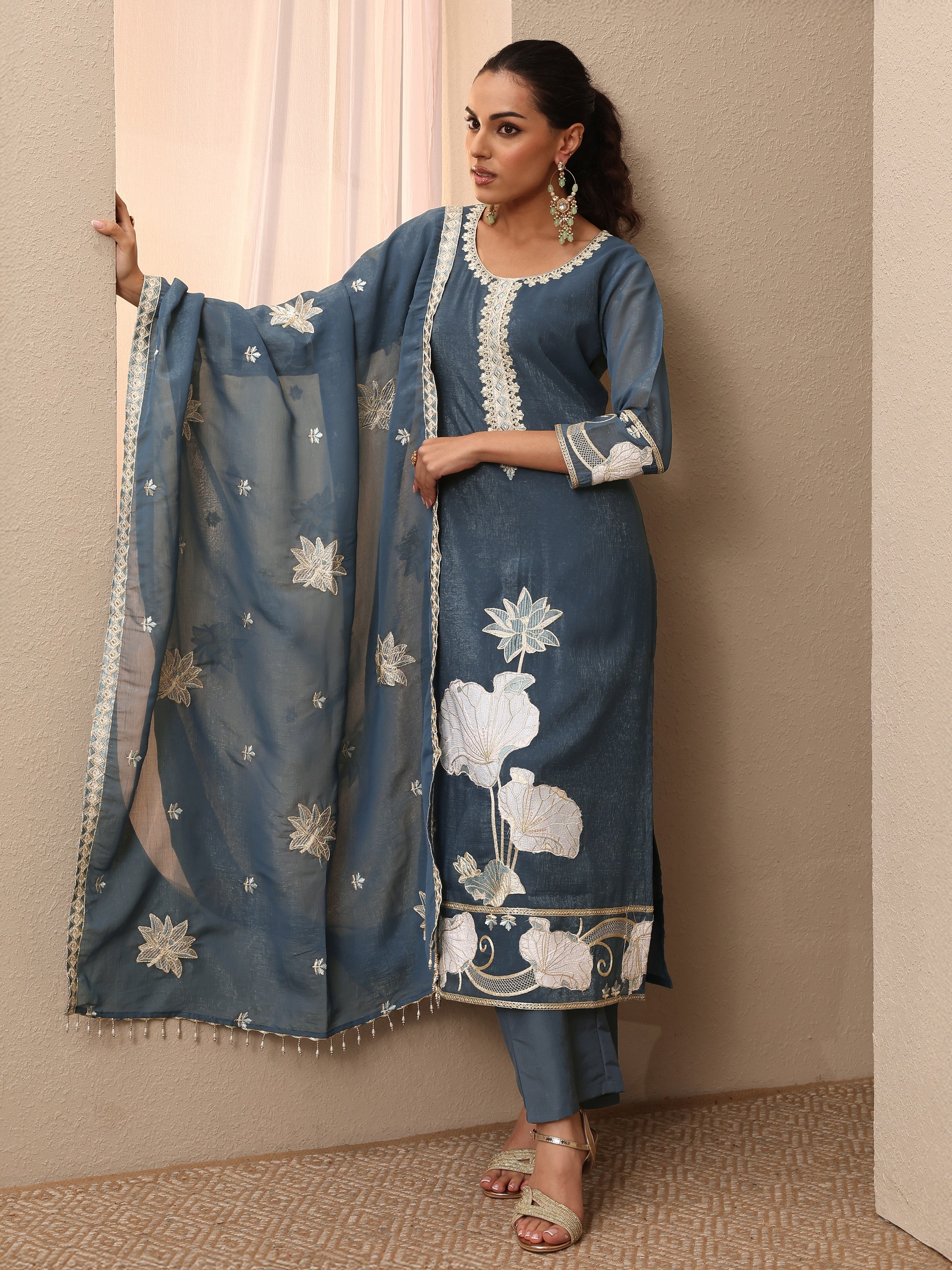 libas Blue Embroidered Chinon Straight Suit Set With Dupatta-picture-13