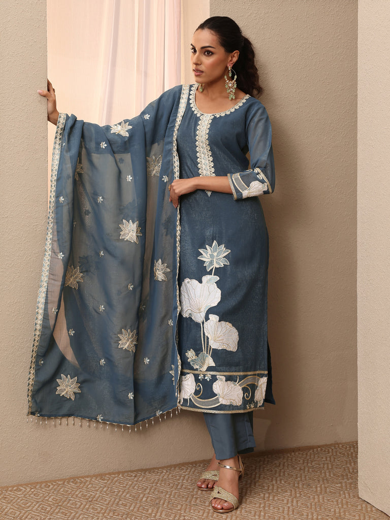 Libas Blue Embroidered Chinon Straight Suit Set With Dupatta