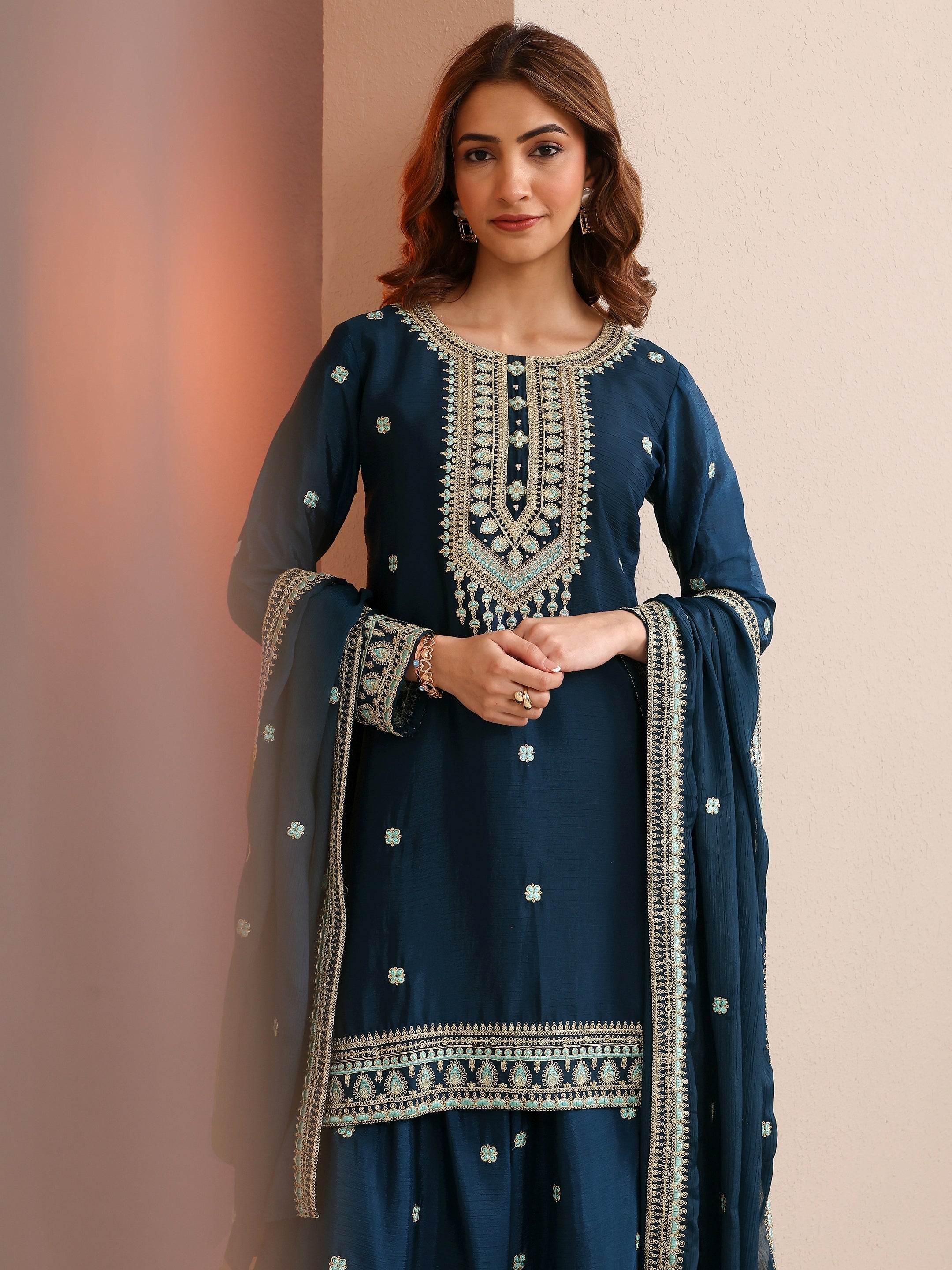 libas Blue Embroidered Chinon Straight Suit Set With Dupatta-picture-31