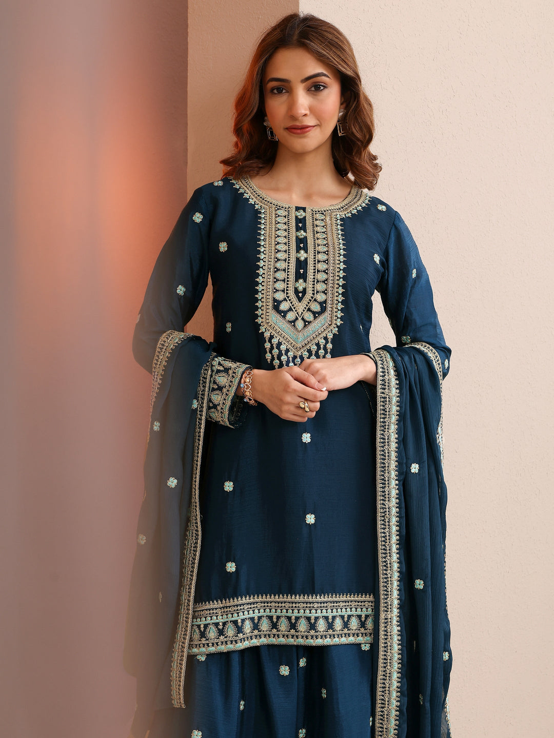 Blue Embroidered Chinon Straight Suit Set With Dupatta