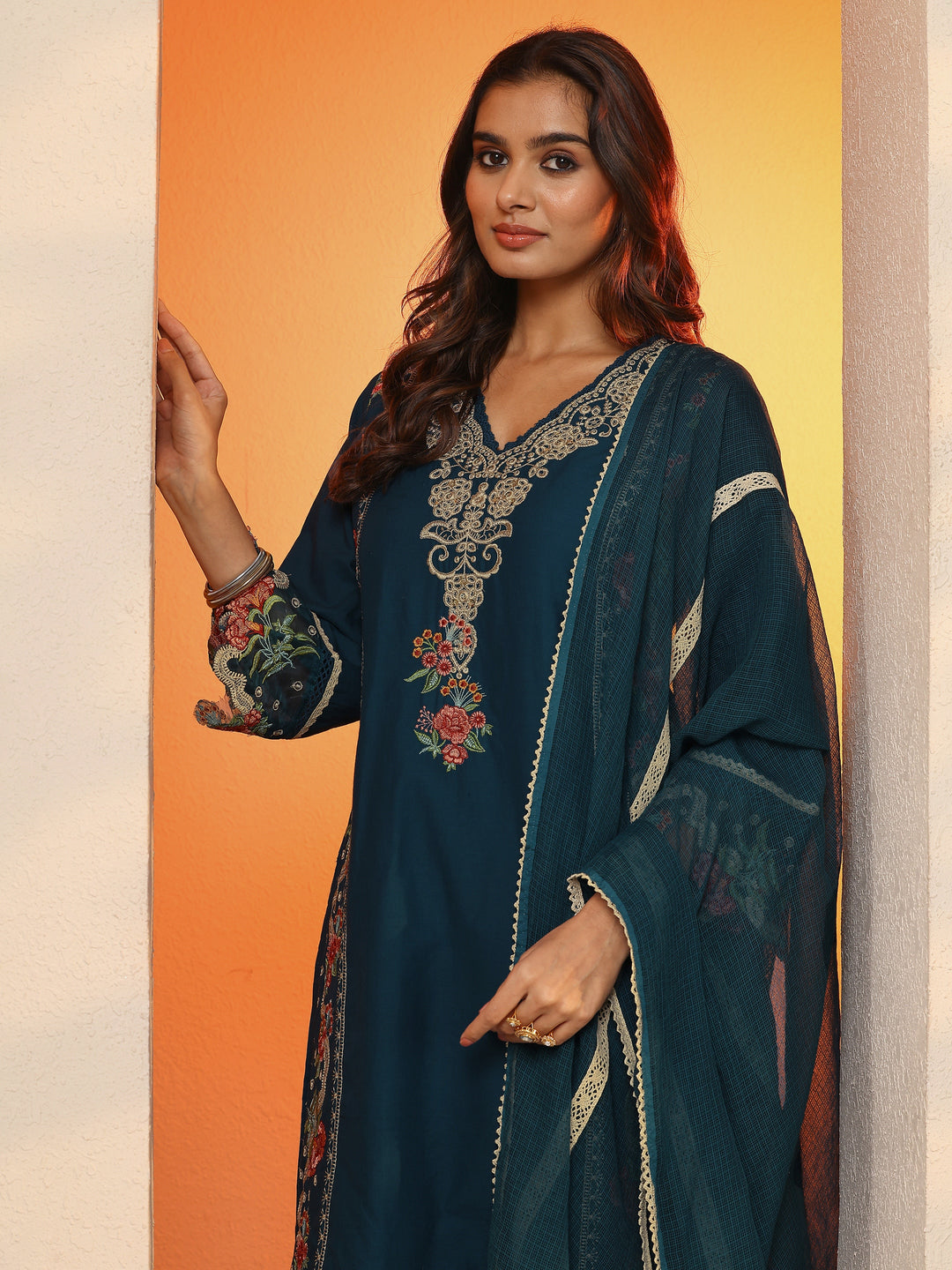 Blue Embroidered Cotton Blend Straight Suit Set With Dupatta