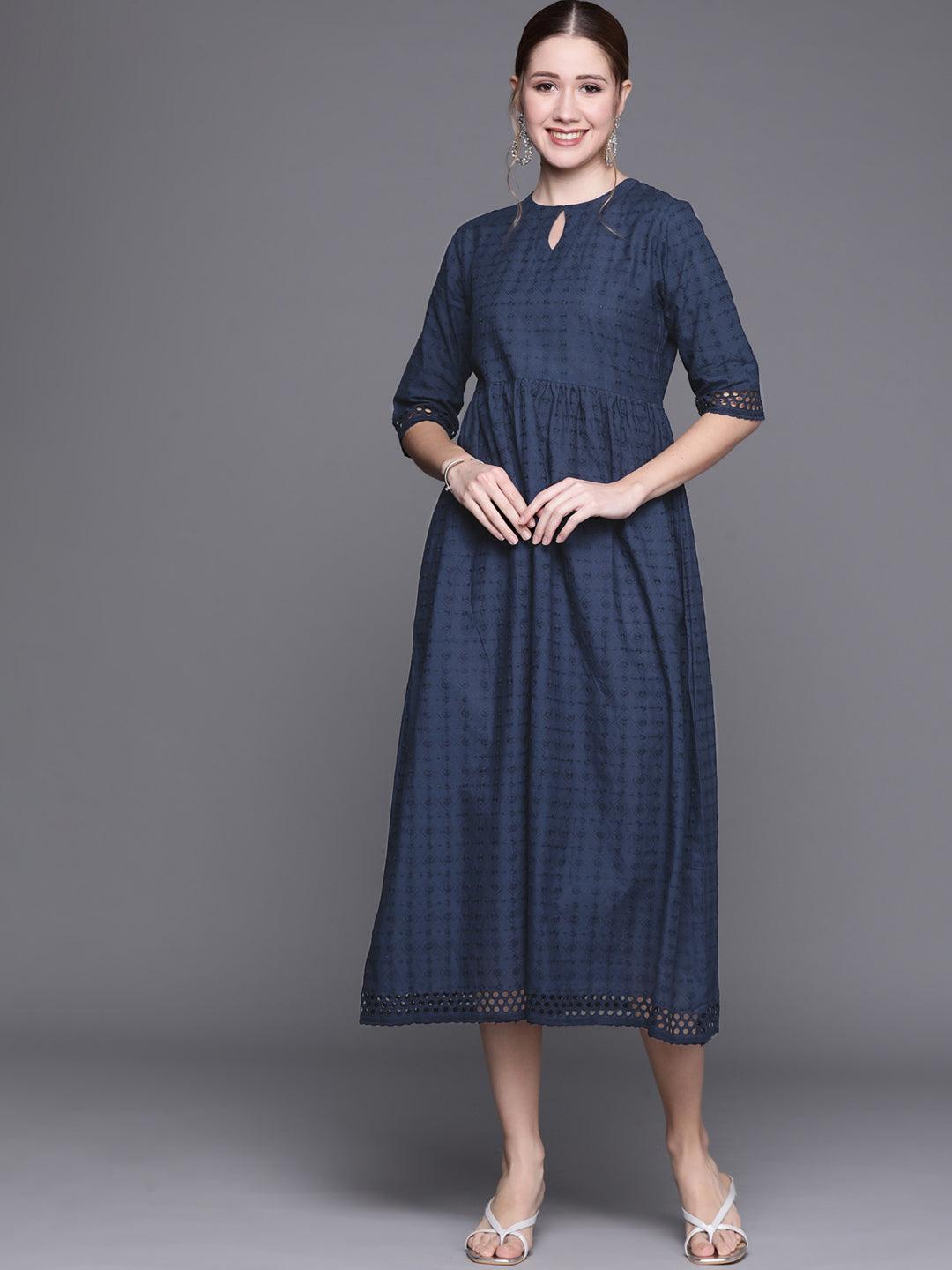 Blue Embroidered Cotton Dress