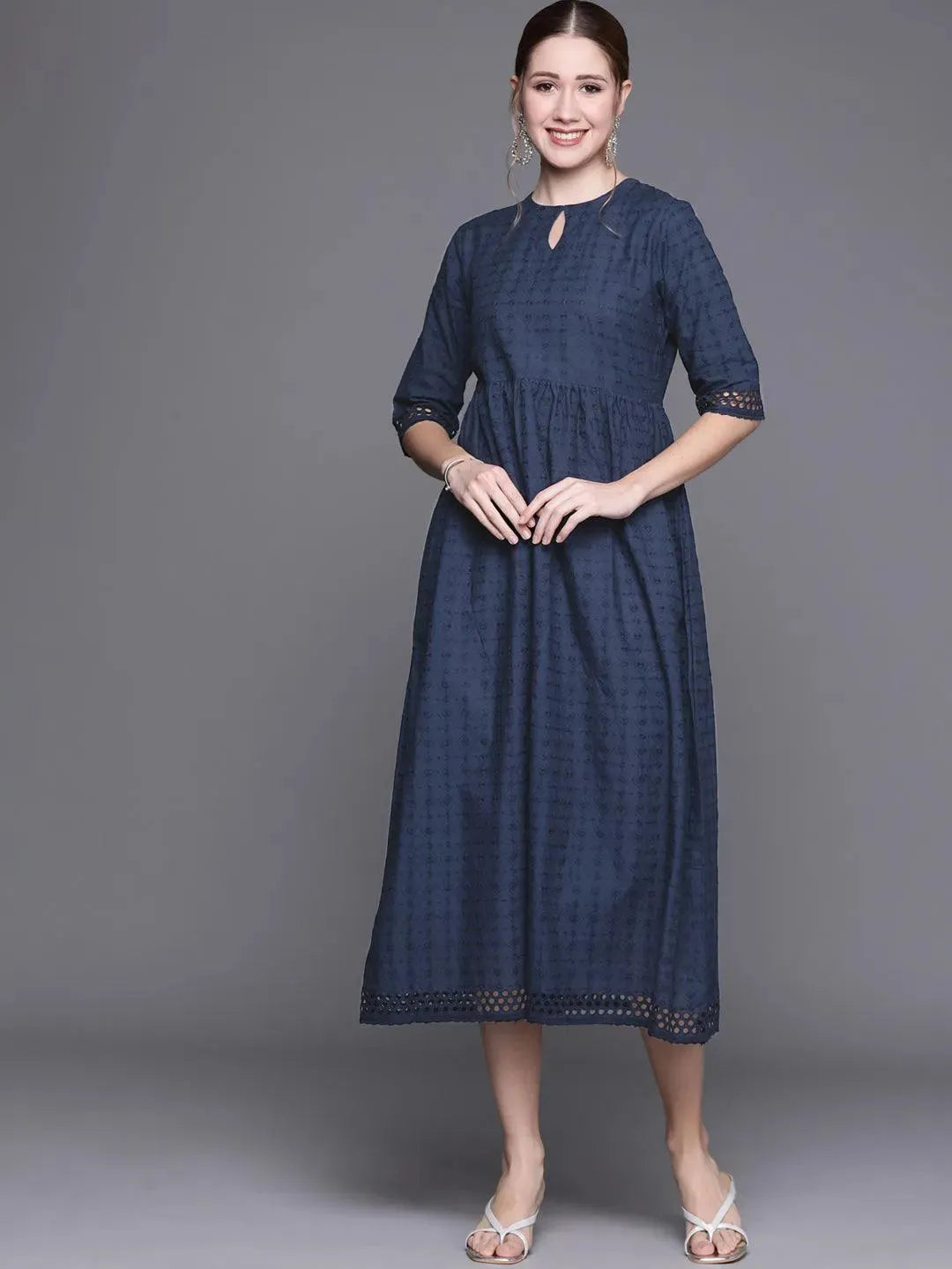 Blue Embroidered Cotton Dress - Libas