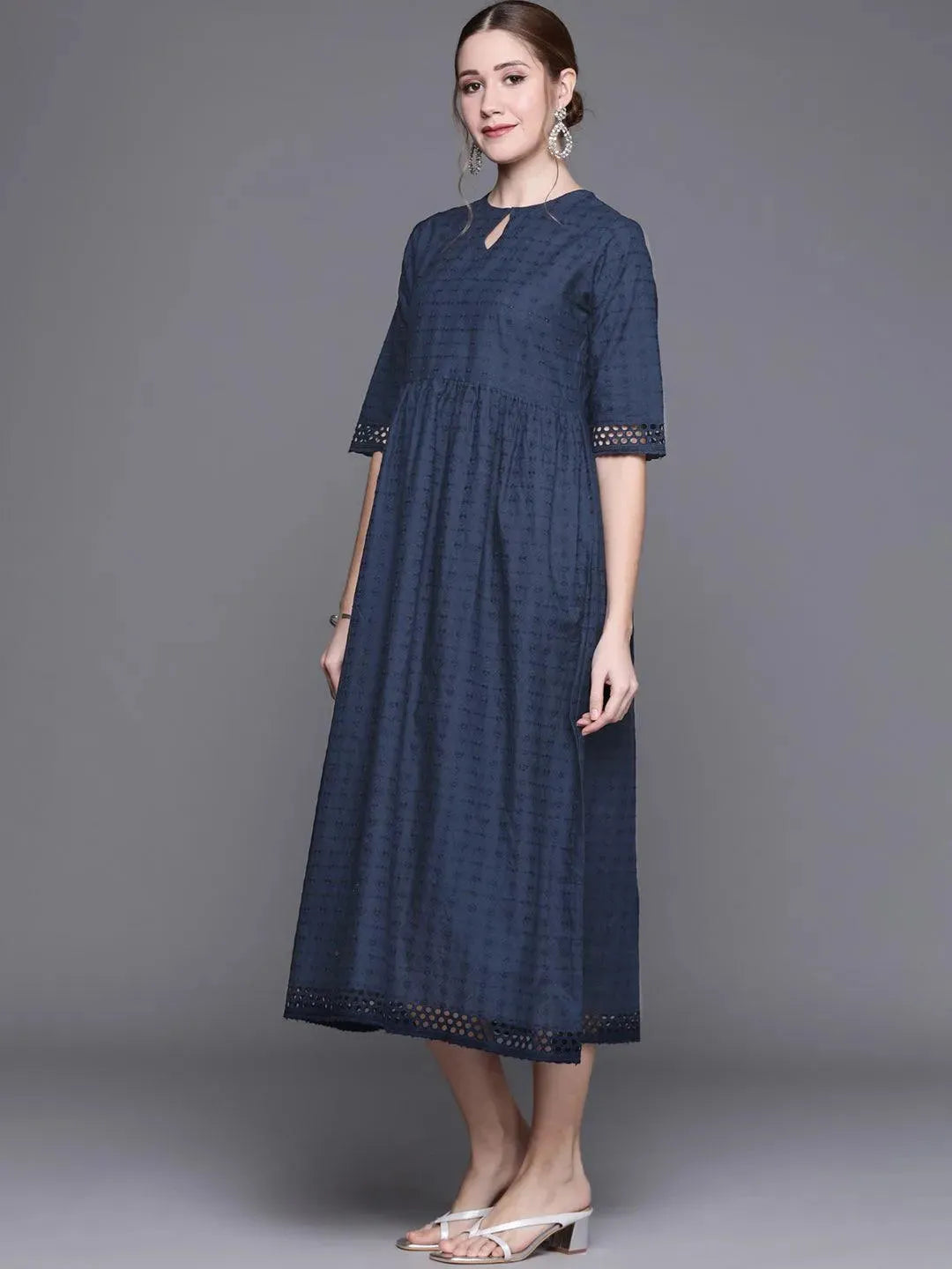 Blue Embroidered Cotton Dress - Libas