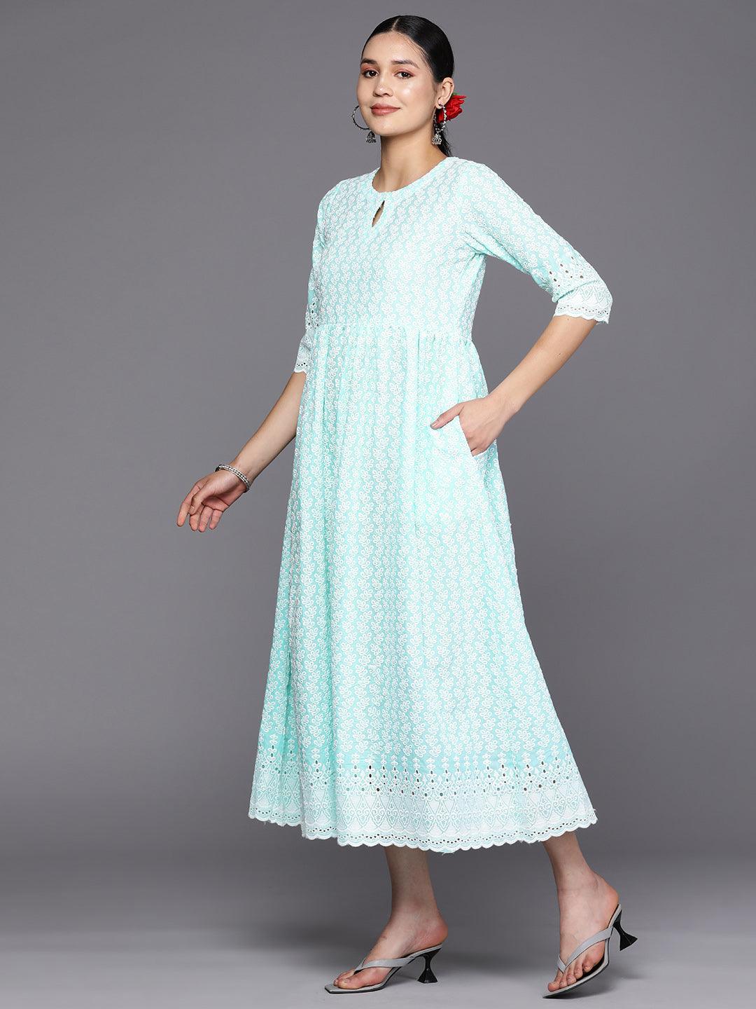 Blue Embroidered Cotton Fit and Flare Dress
