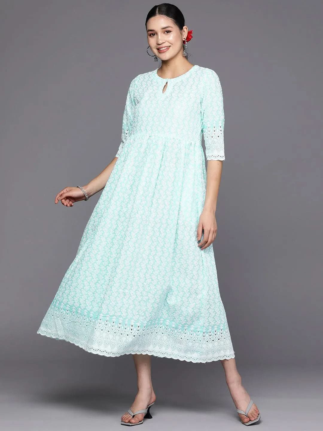 Buy Blue Embroidered Cotton Fit and Flare Dress Online at Rs.899