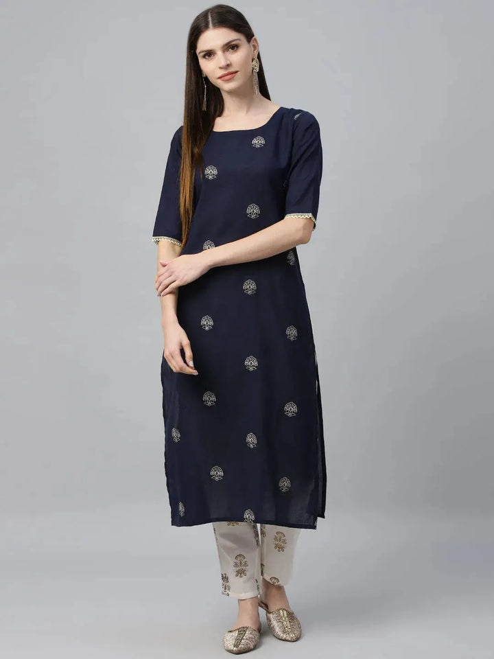 Blue Embroidered Cotton Kurta - Libas