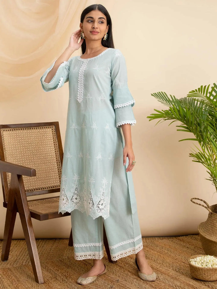 Blue Embroidered Cotton Kurta - Libas