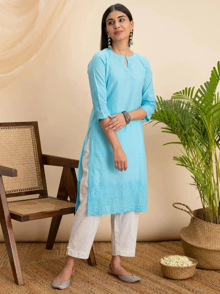 Blue Embroidered Cotton Kurta - Libas