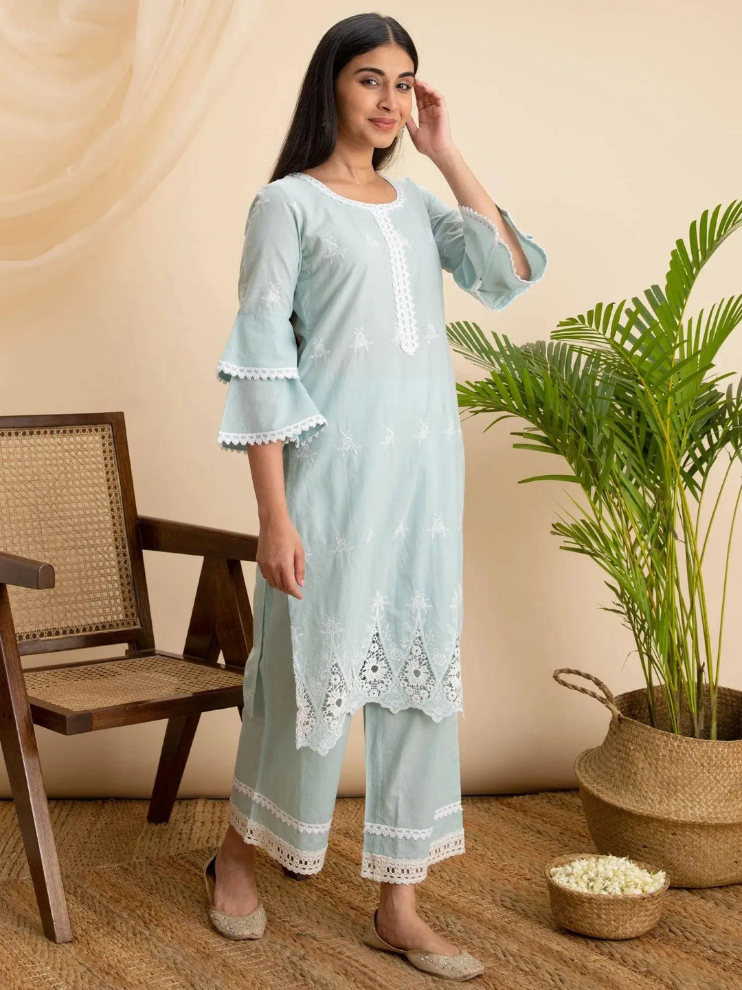 Blue Embroidered Cotton Kurta - Libas