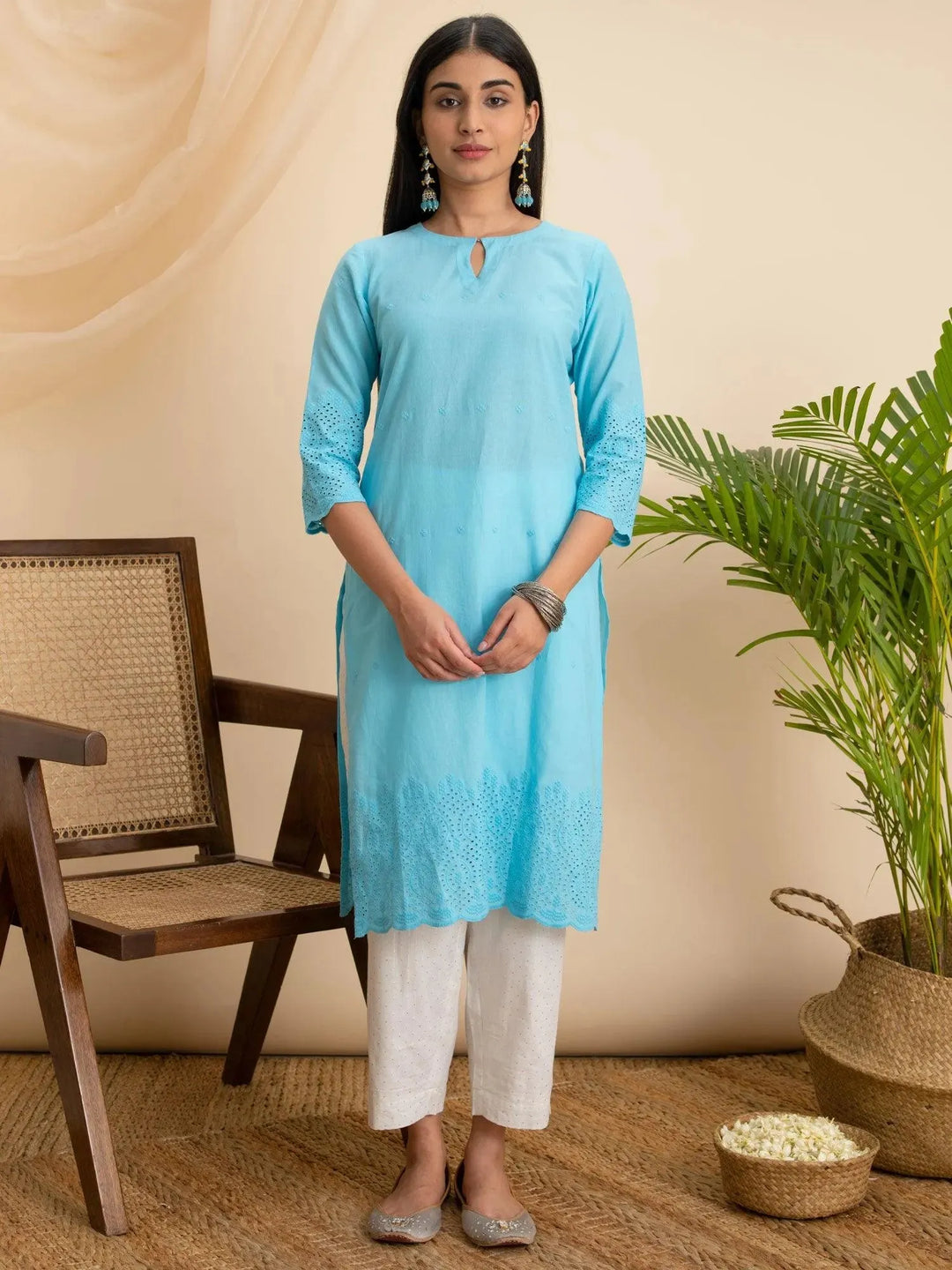 Blue Embroidered Cotton Kurta - Libas 