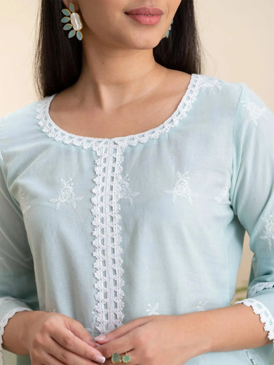 Blue Embroidered Cotton Kurta - Libas