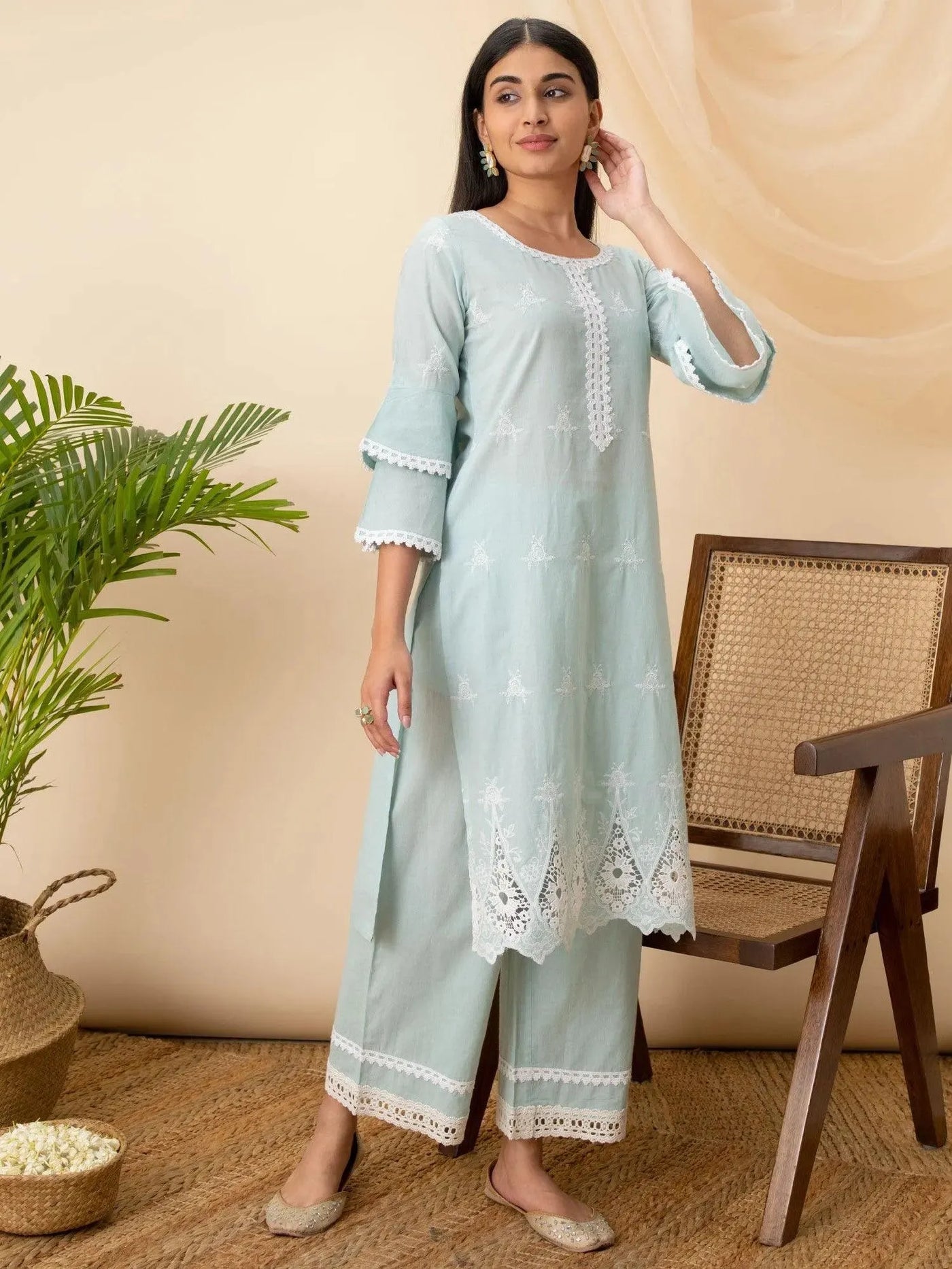 Blue Embroidered Cotton Kurta - Libas