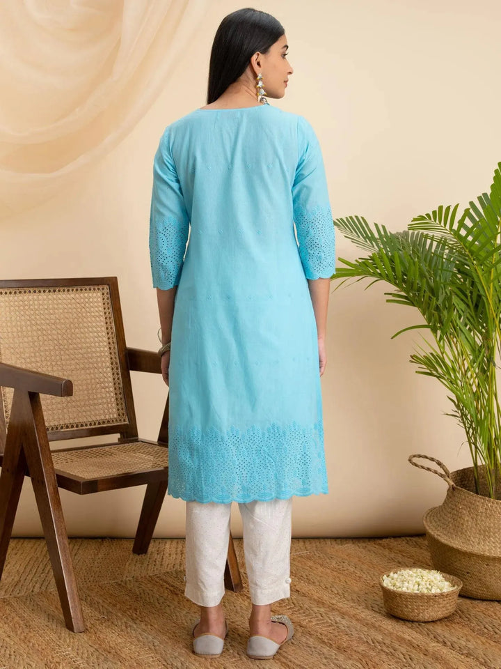 Blue Embroidered Cotton Kurta - Libas