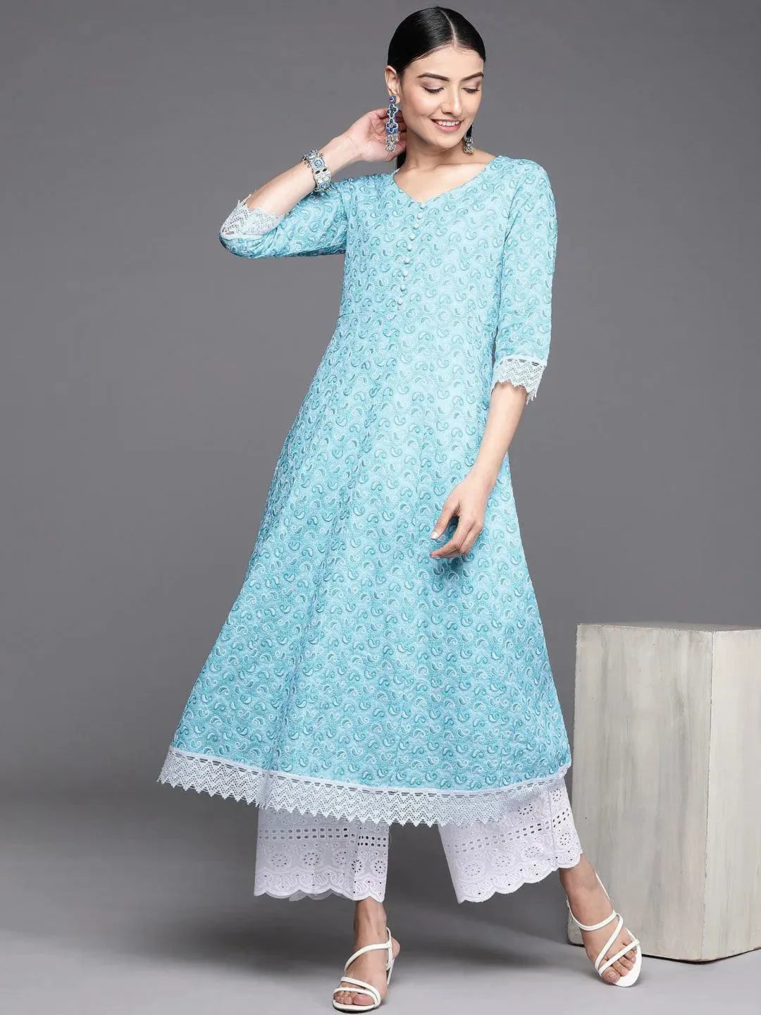 Blue Embroidered Cotton Kurta - Libas