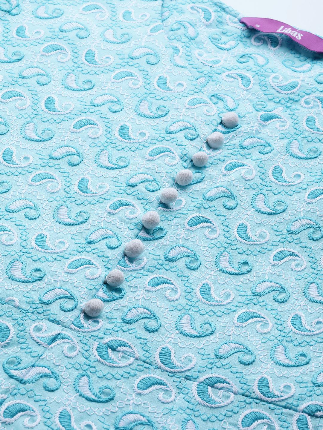 Blue Embroidered Cotton Kurta
