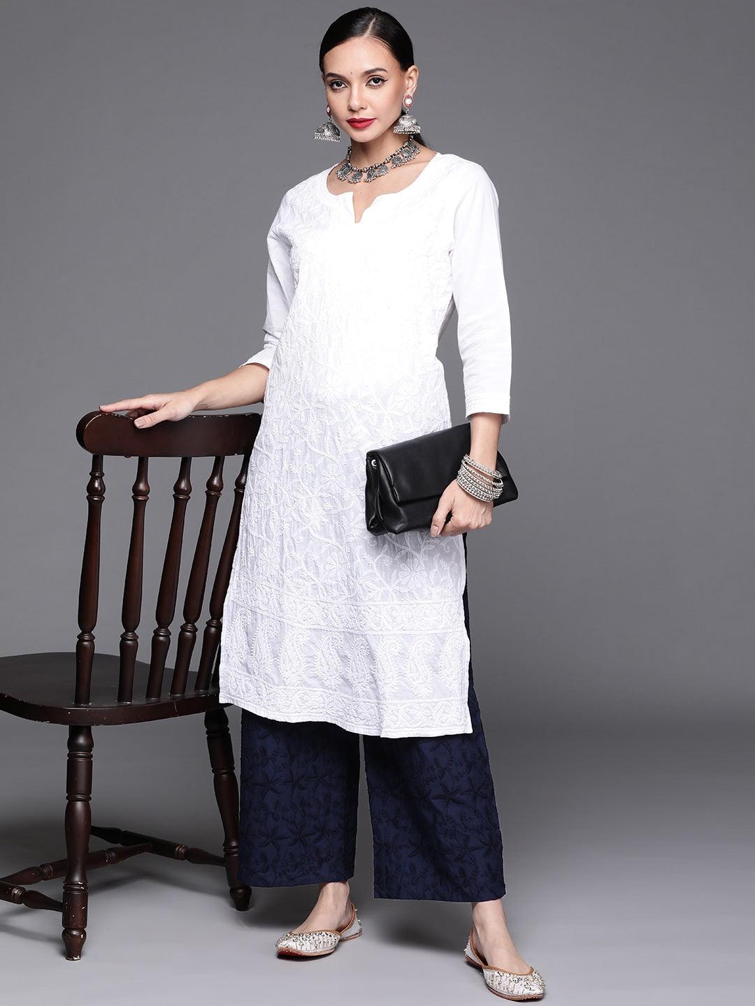 Blue Embroidered Cotton Palazzos