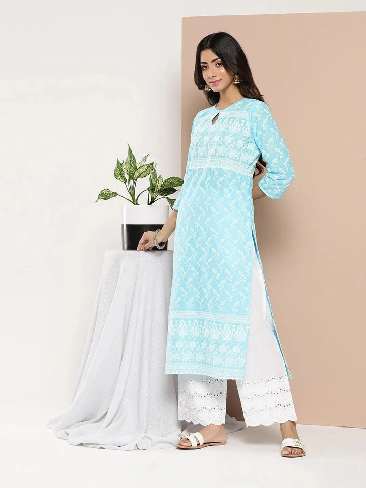 Blue Embroidered Cotton Straight Kurta - Libas