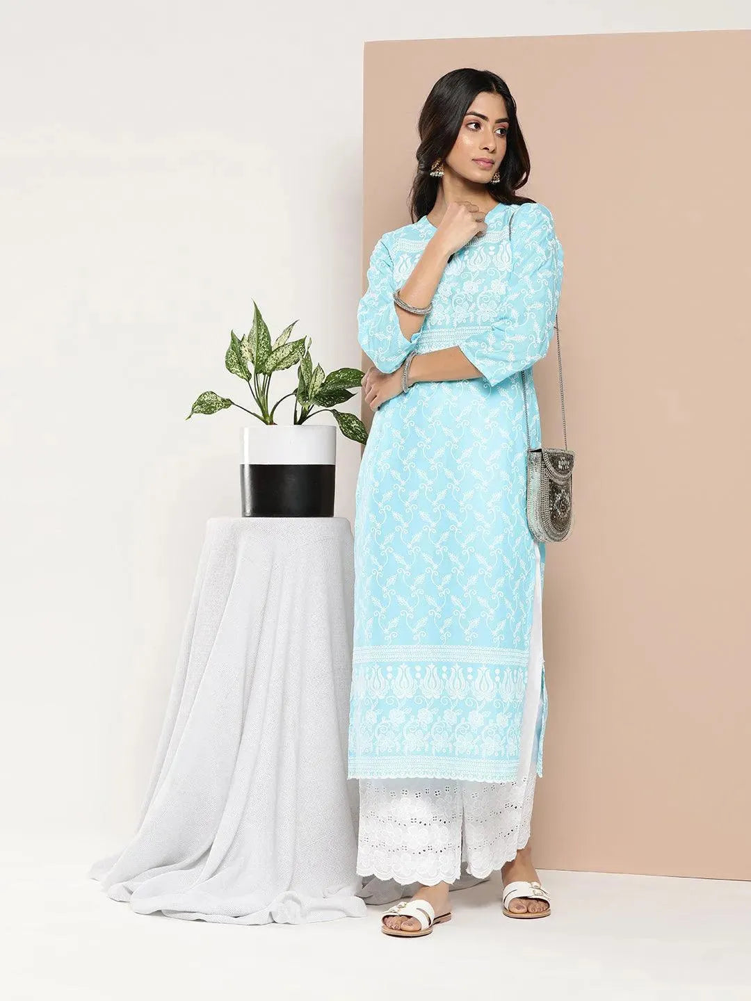 Blue Embroidered Cotton Straight Kurta - Libas