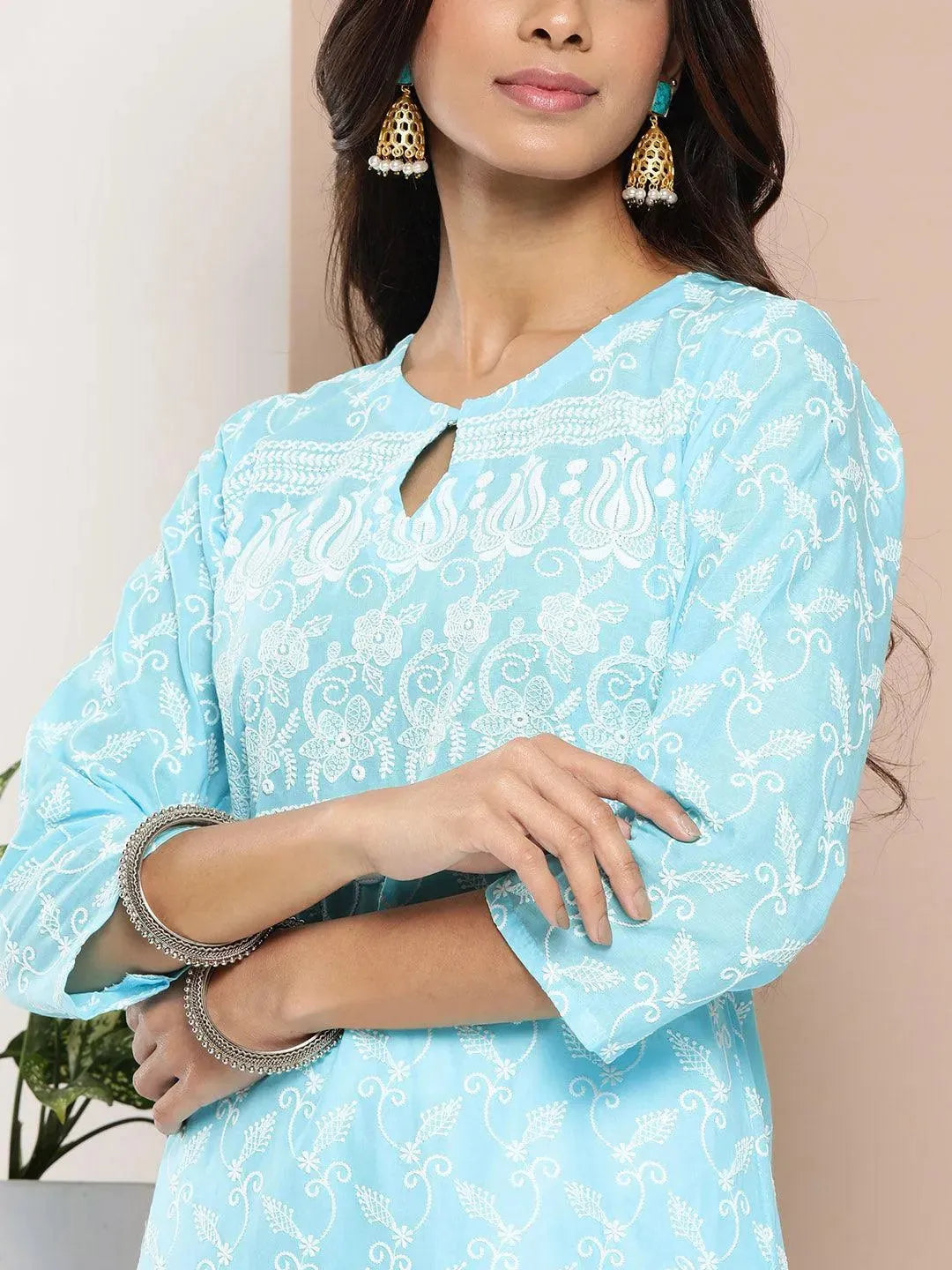 Blue Embroidered Cotton Straight Kurta - Libas