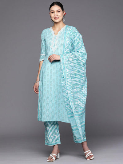 Blue Embroidered Cotton Straight Suit Set With Trousers - Libas