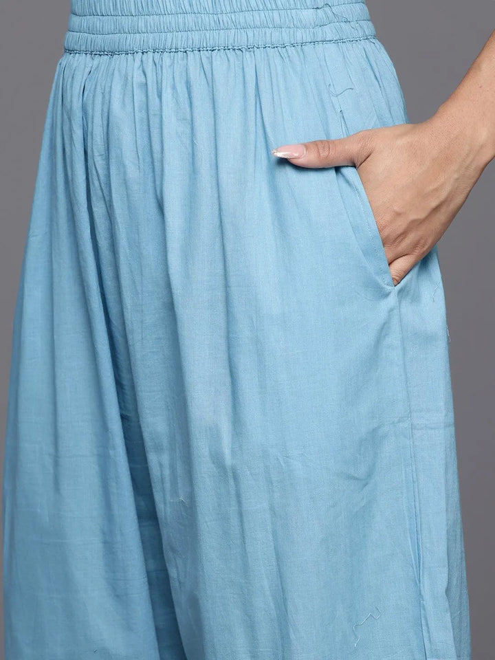Blue Embroidered Cotton Straight Kurta With Trousers & Dupatta - Libas