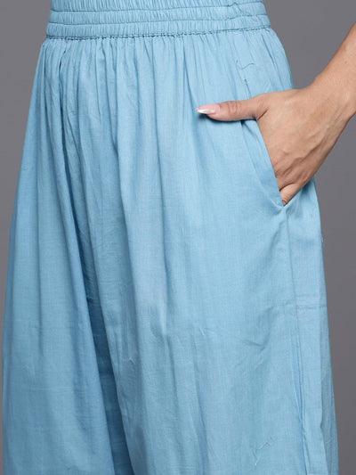 Blue Embroidered Cotton Straight Kurta With Trousers & Dupatta - Libas