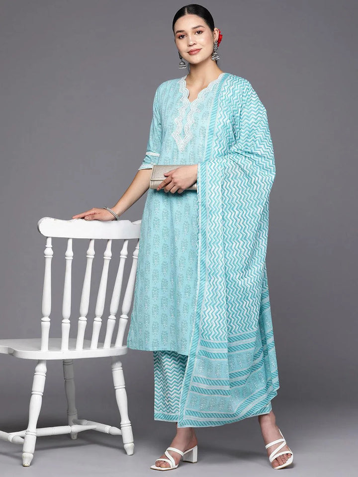 Blue Embroidered Cotton Straight Suit Set With Trousers - Libas