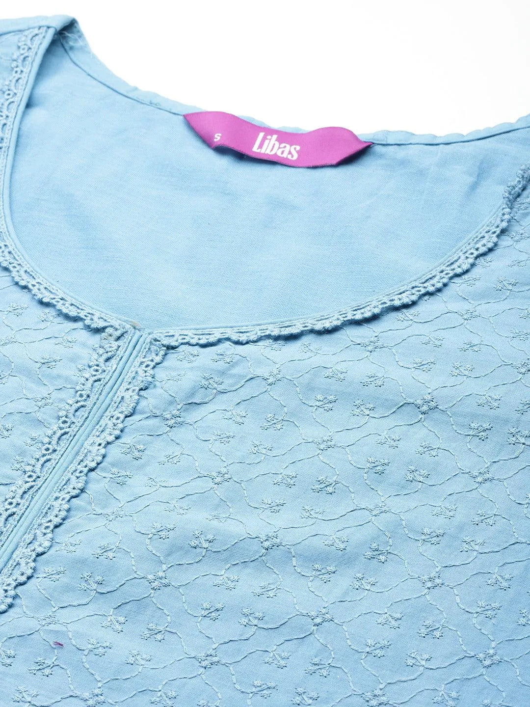 Blue Embroidered Cotton Straight Kurta With Trousers & Dupatta - Libas 