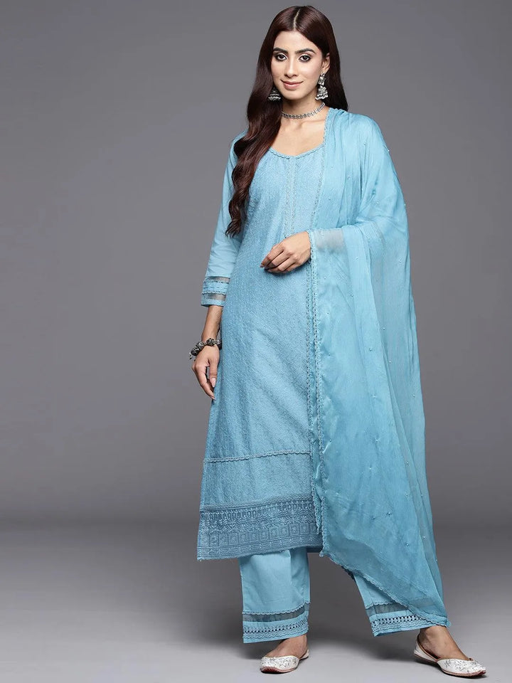 Blue Embroidered Cotton Straight Kurta With Trousers & Dupatta - Libas