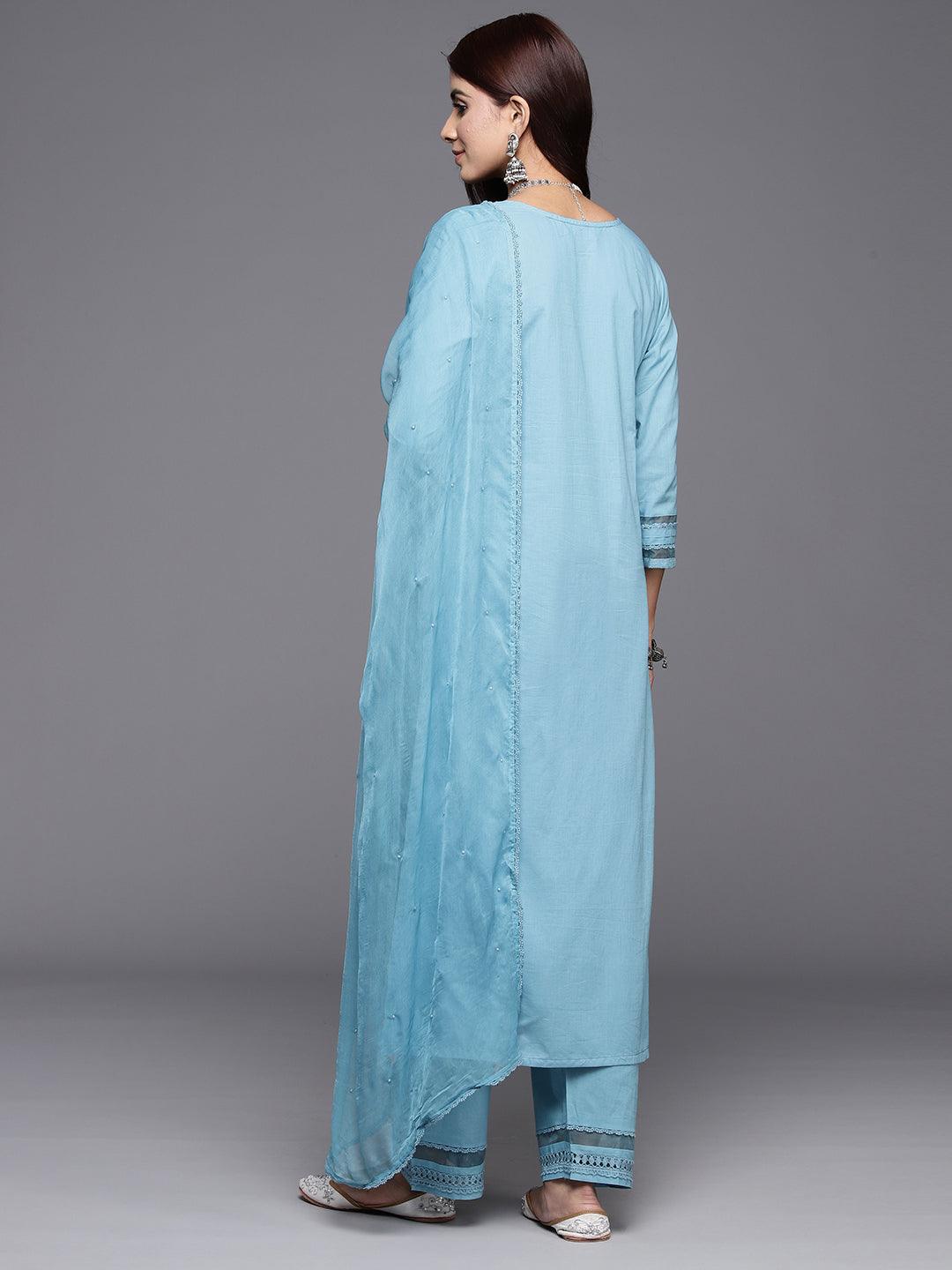 Blue Embroidered Cotton Straight Kurta With Trousers & Dupatta - Libas