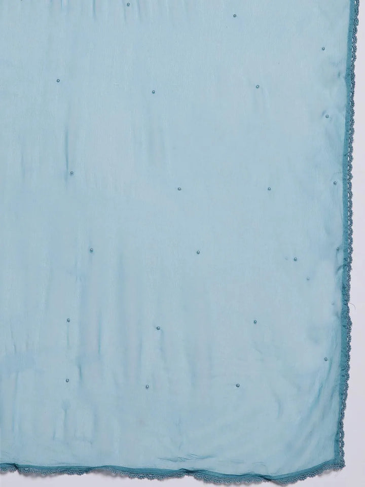 Blue Embroidered Cotton Straight Kurta With Trousers & Dupatta - Libas