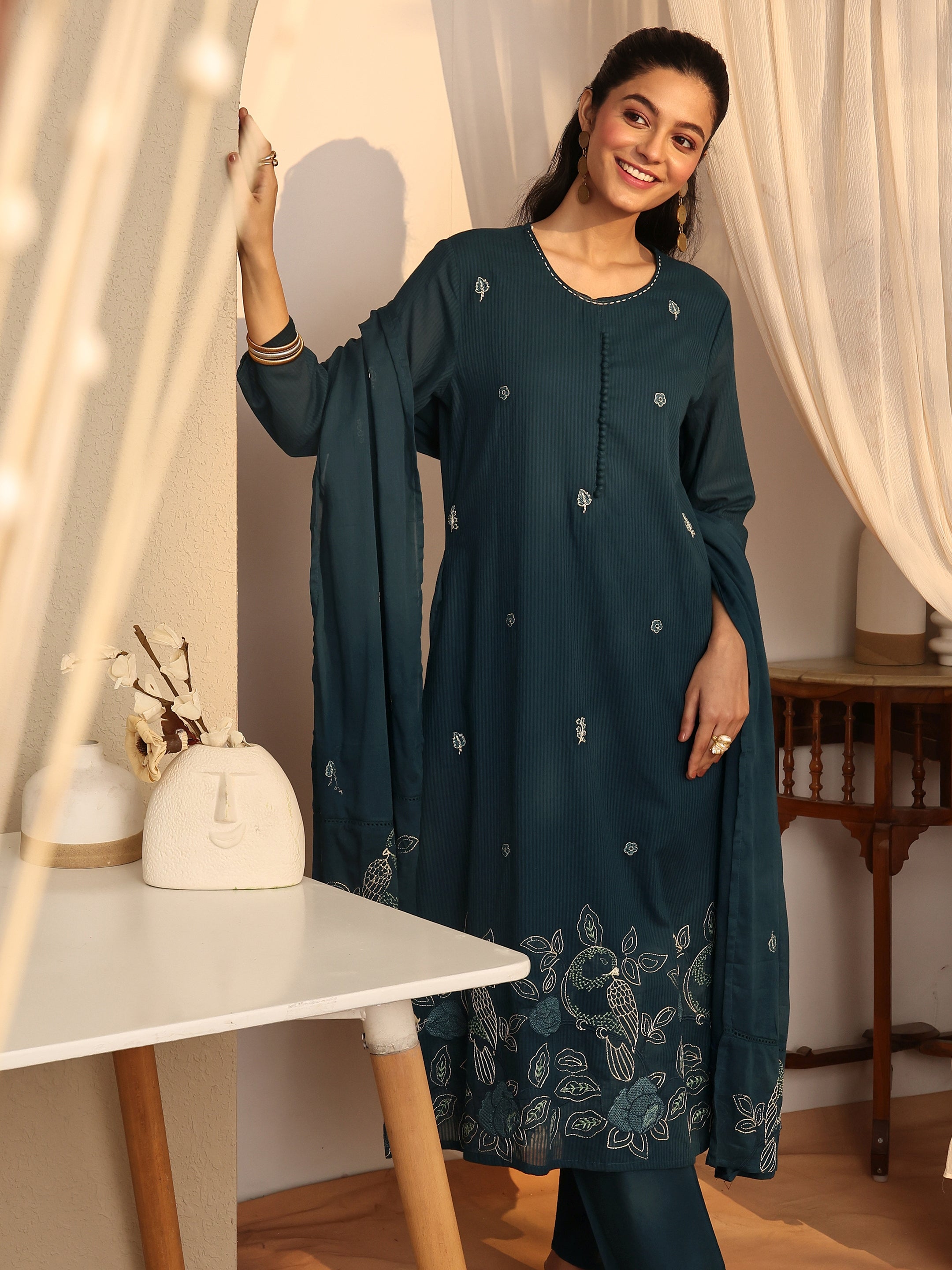 libas Blue Embroidered Cotton Straight Suit Set With Dupatta-picture-48