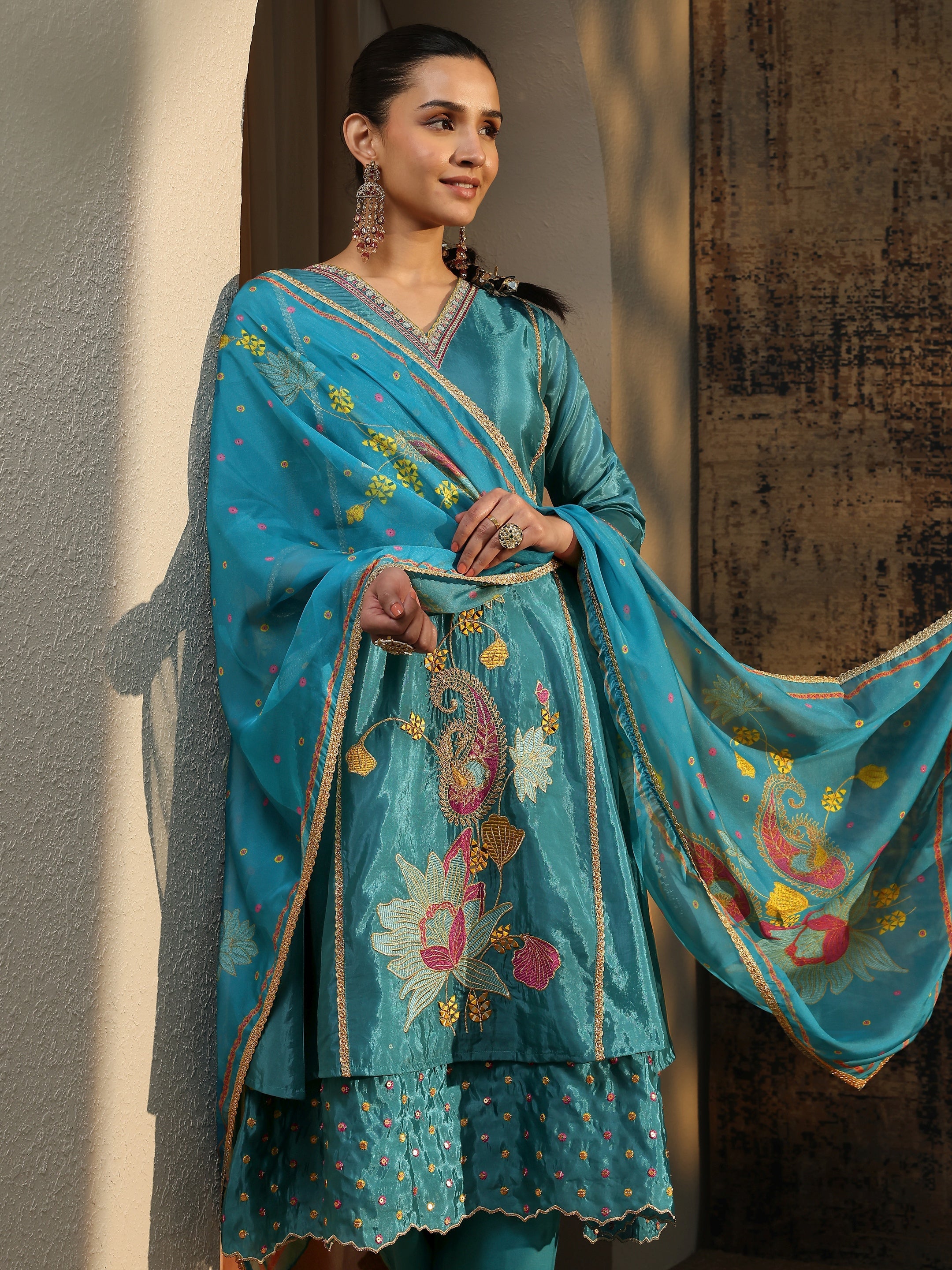 Blue Embroidered Crepe A-Line Suit Set With Dupatta-image-47