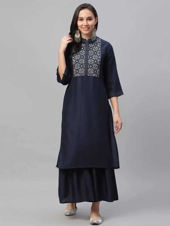 Blue Embroidered Crepe Kurta - Libas