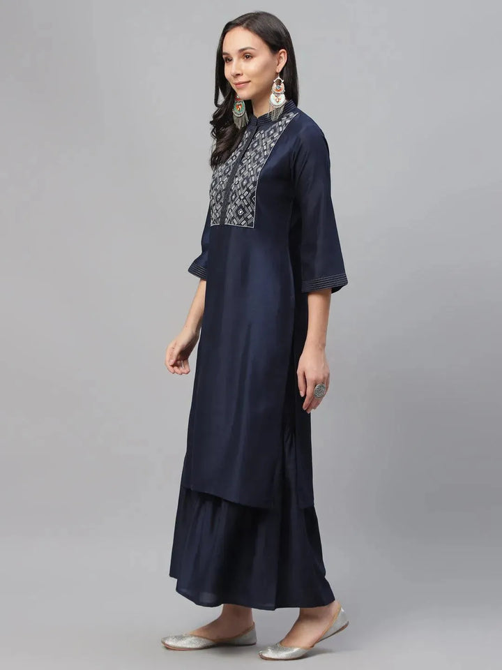 Blue Embroidered Crepe Kurta - Libas